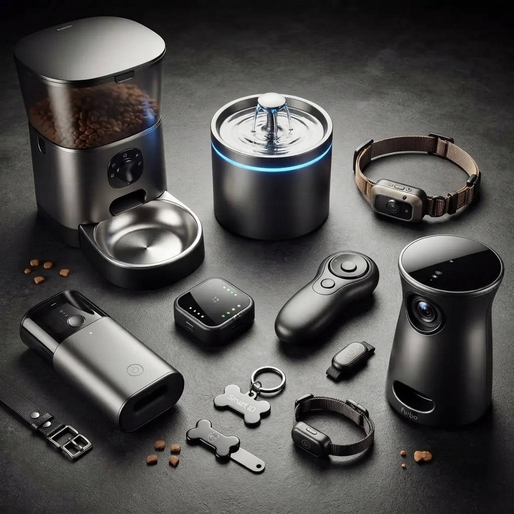 Collection of innovative pet gadgets including feeders, water fountains, and health trackers.