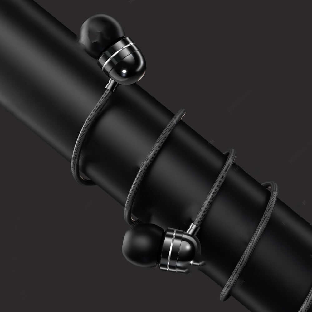 Wired headphones with microphone wrapped around a black rod, showcasing sleek design and durable cable.