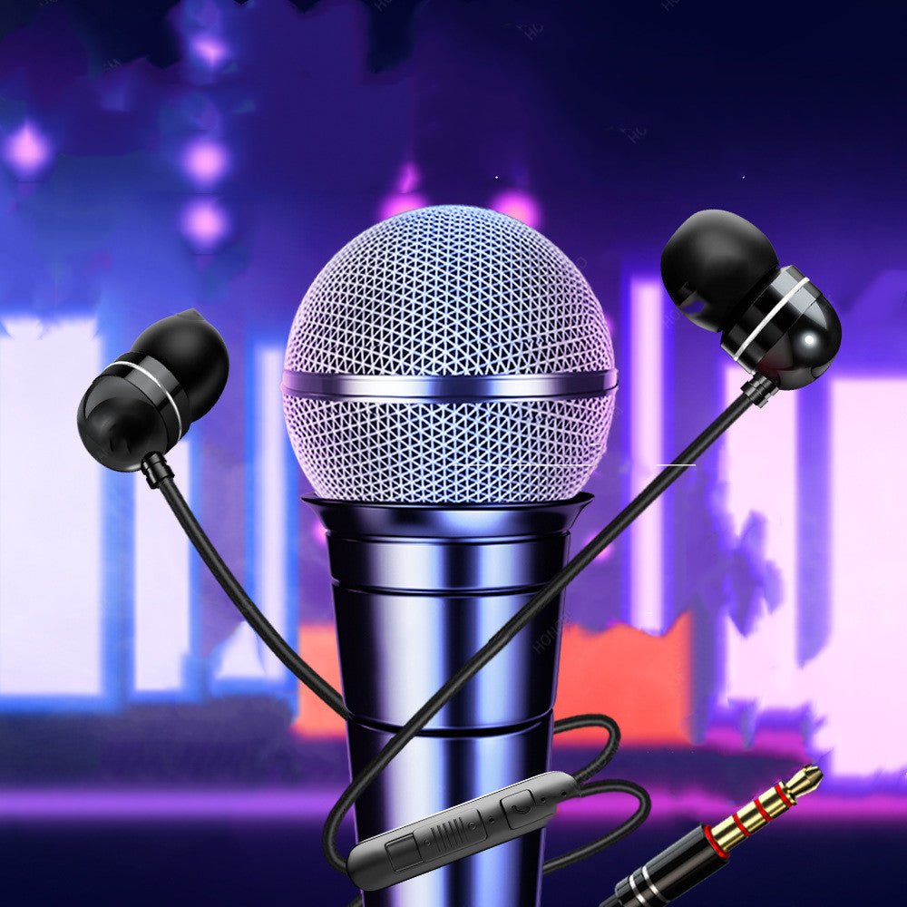 Wired headphones with microphone connected to a microphone on a colorful background.