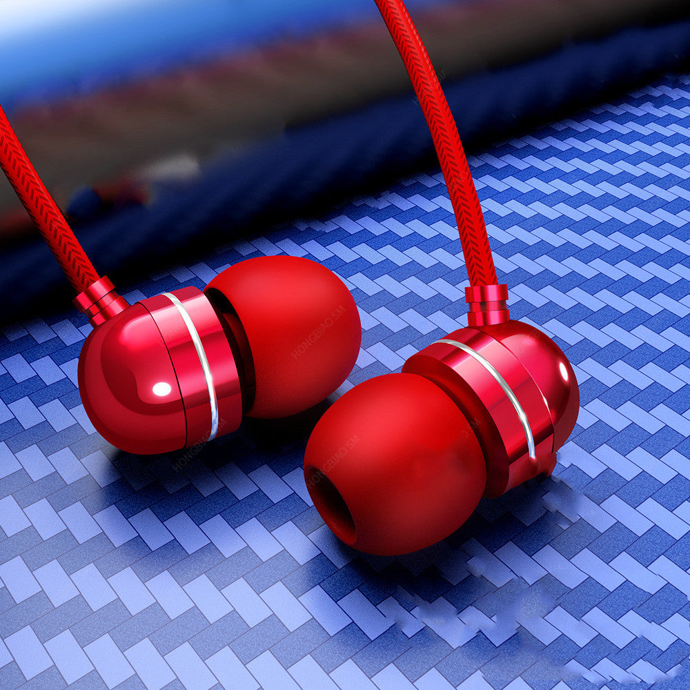 Wired headphones with microphone in red color showcasing premium quality design on a textured blue background.