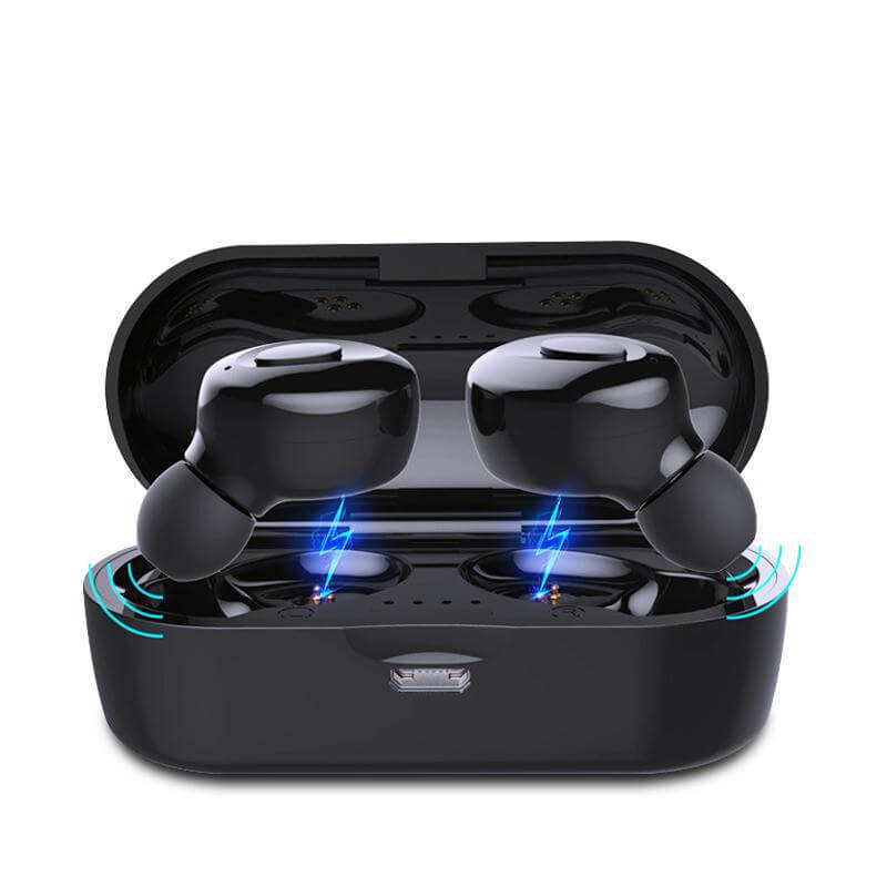 Wireless sports headphones for fitness in black charging case with glowing design.