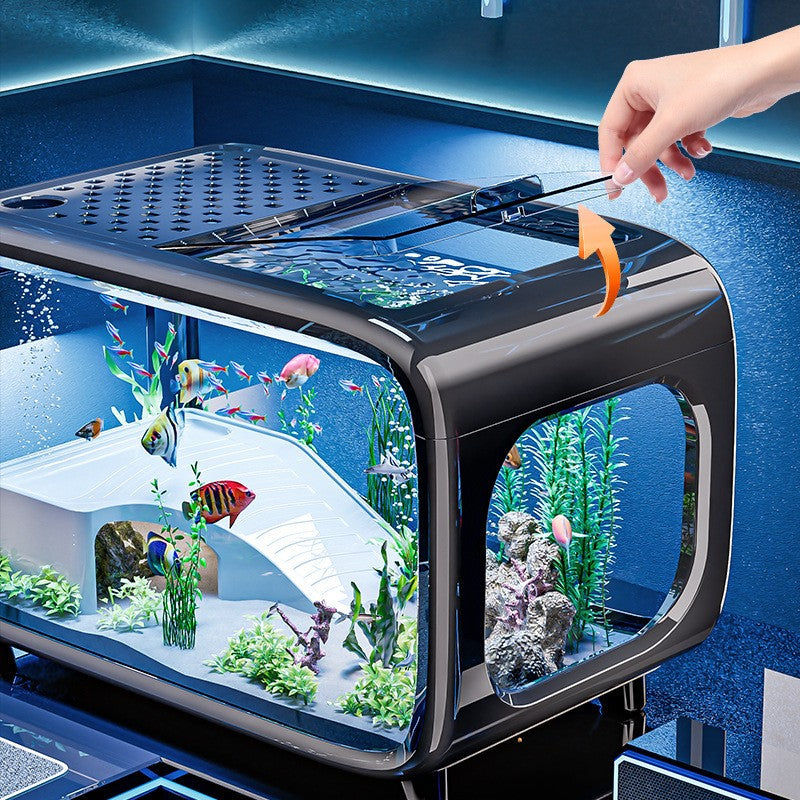 Compact Betta Fish Tank Kit showing a vibrant aquatic habitat with colorful fish and a modern design.