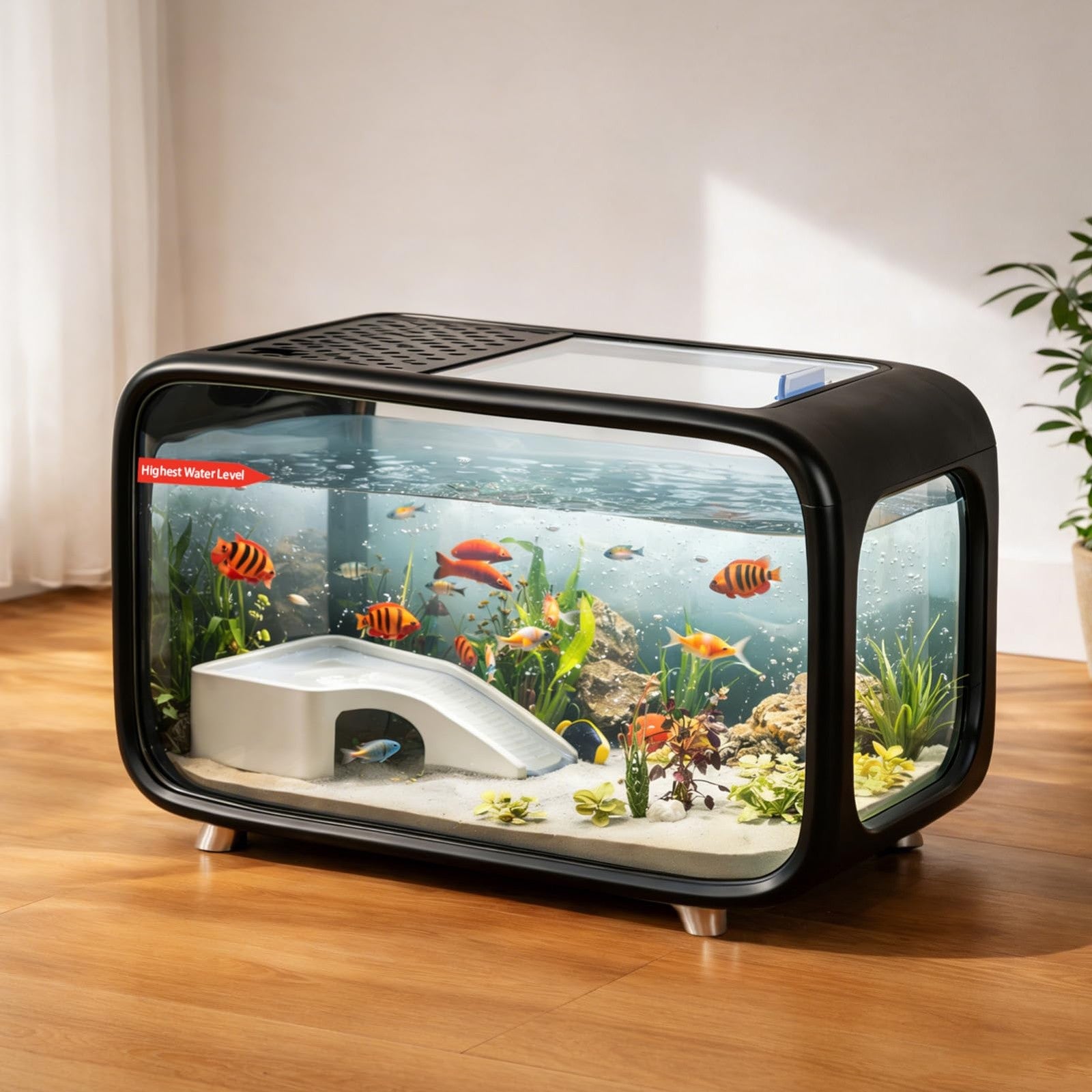 Compact betta fish tank kit displaying vibrant fish and aquatic plants in a stylish, modern design.