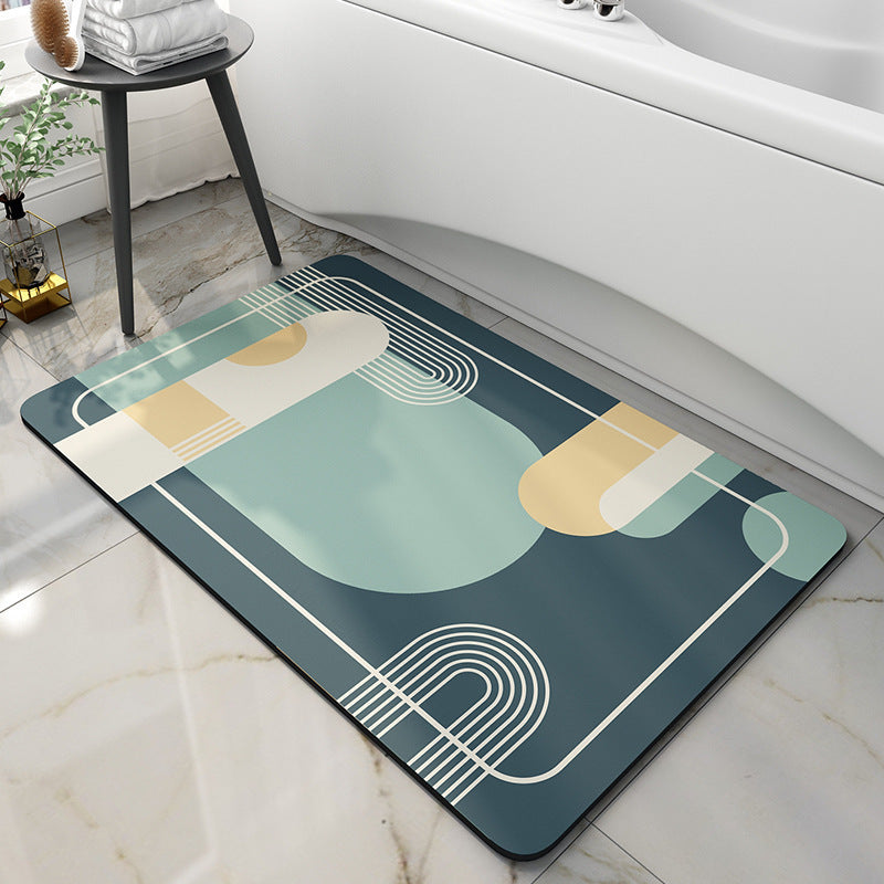 Tech velvet bathroom door mat with a modern geometric design in soothing colors on a sleek bathroom floor.