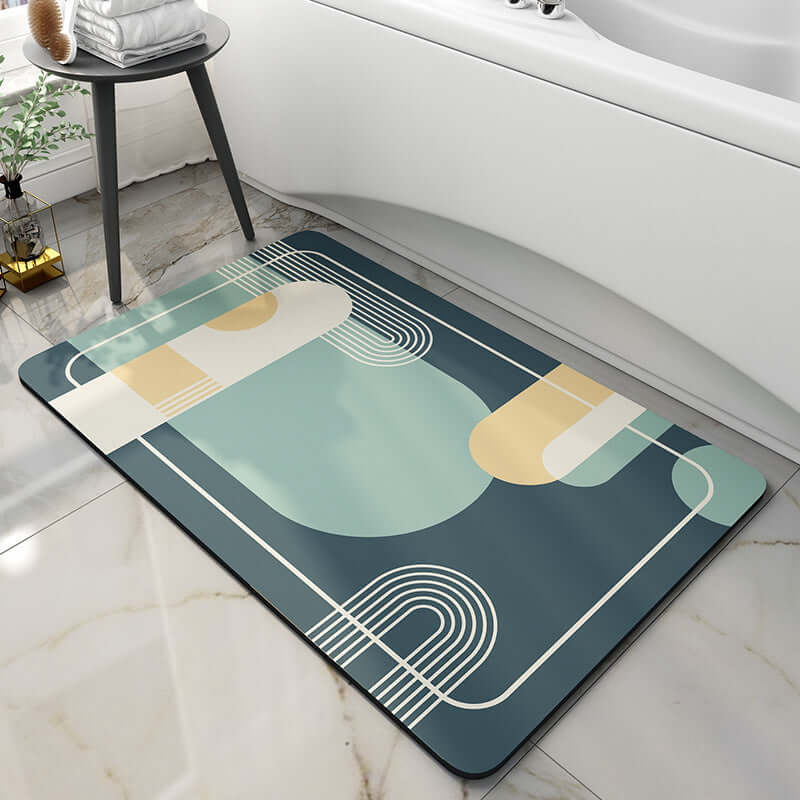 Tech velvet bathroom door mat with a modern geometric design in soothing colors on a sleek bathroom floor.