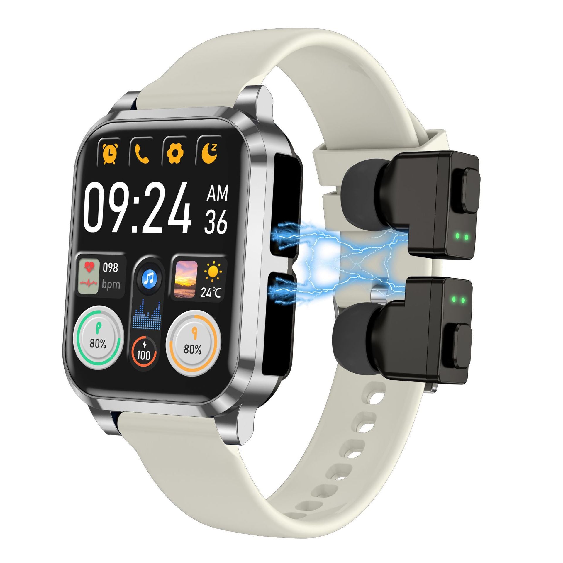Smart bluetooth earbuds and smartwatch showing seamless integration of innovative technology.