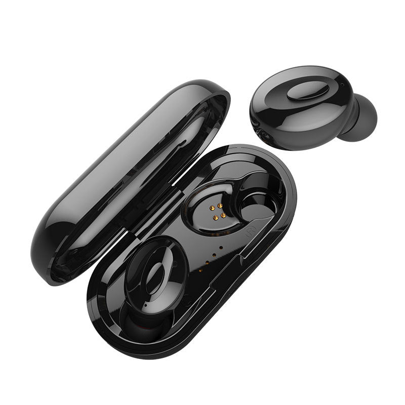 Wireless sports headphones for fitness in sleek black charging case with one earbud removed.