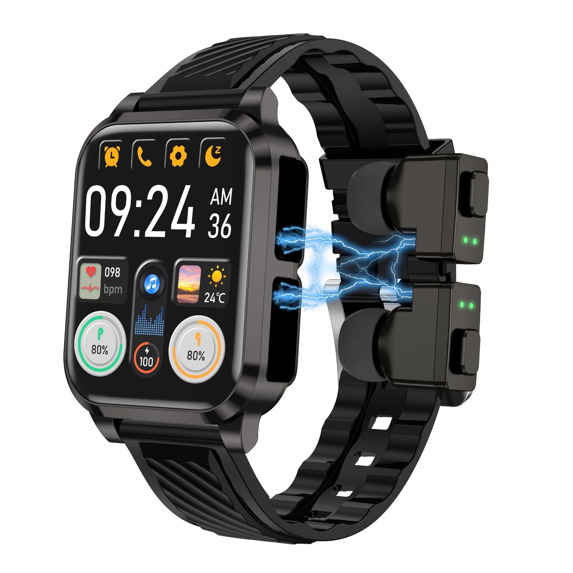 Smart Bluetooth Earbuds and Smartwatch with digital display and charging feature.