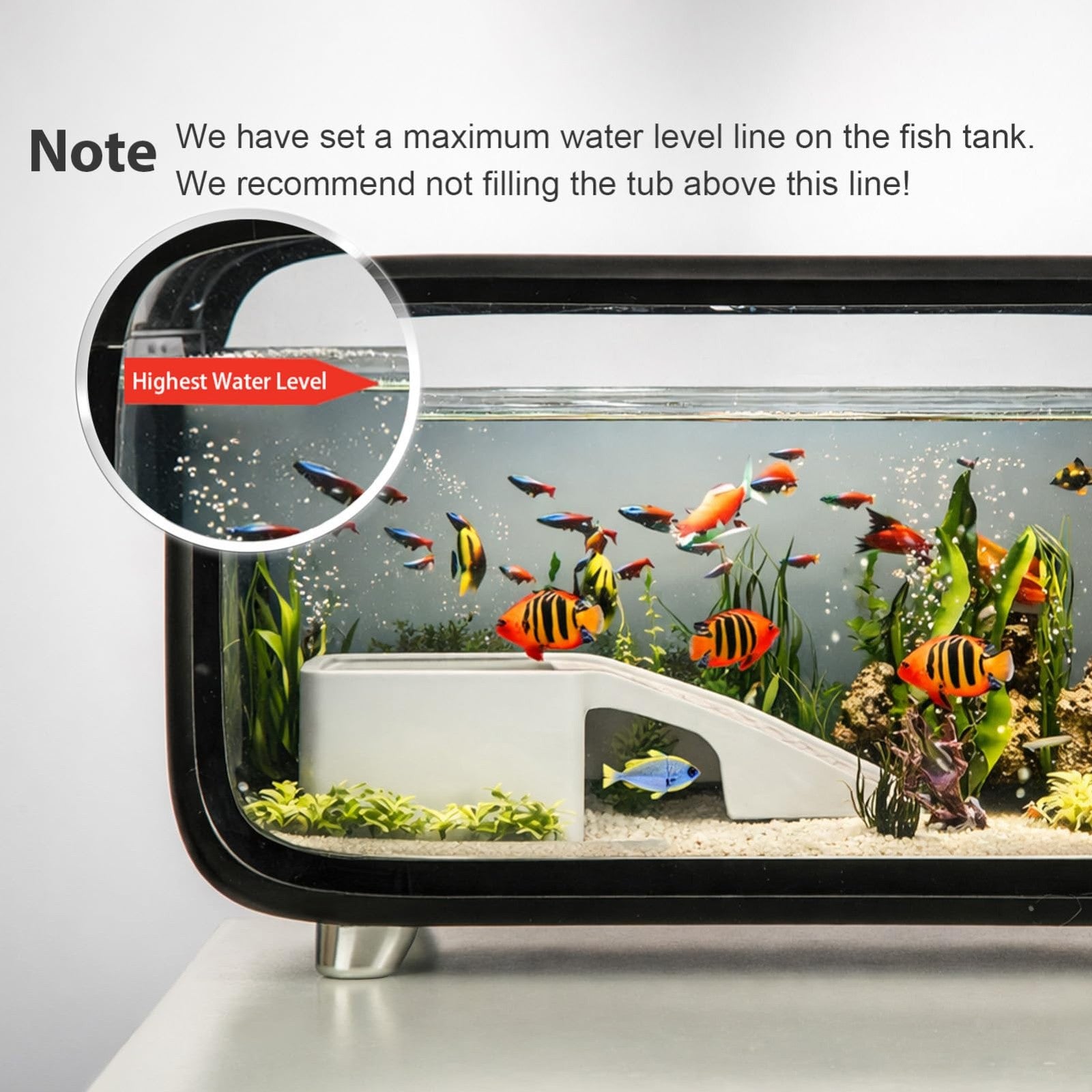 Compact betta fish tank kit showing the highest water level indicator and colorful fish in a stylish aquarium.