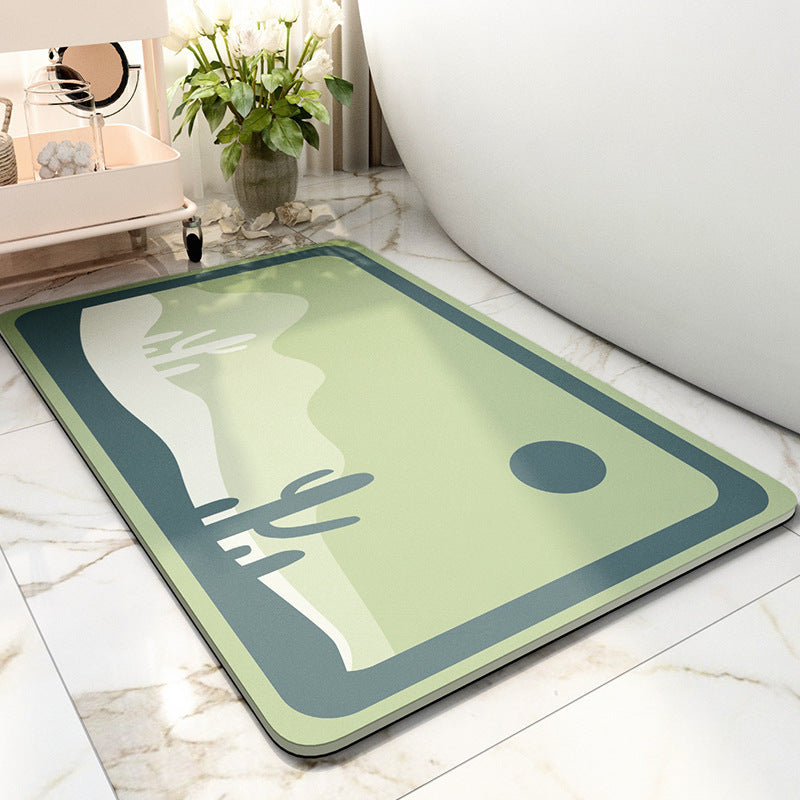 Tech velvet bathroom door mat with a stylish green landscape design, perfect for enhancing home interiors.