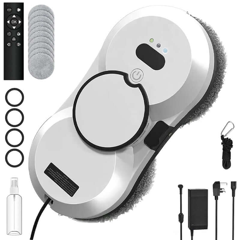 electric window cleaning robot with remote control, cleaning pads, and accessories for effortless window cleaning
