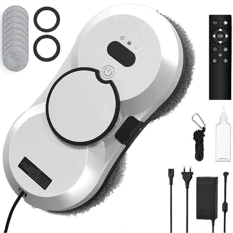 Electric window cleaning robot with accessories, including remote control and cleaning pads.