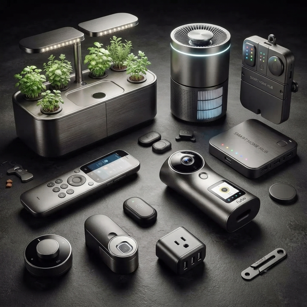 A collection of smart home gadgets including planters, air purifiers, and remote controls.