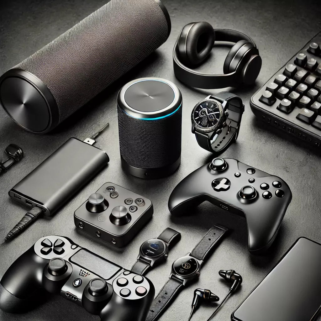 A collection of latest tech gadgets including a smart speaker, headphones, gaming controllers, and smartwatches.