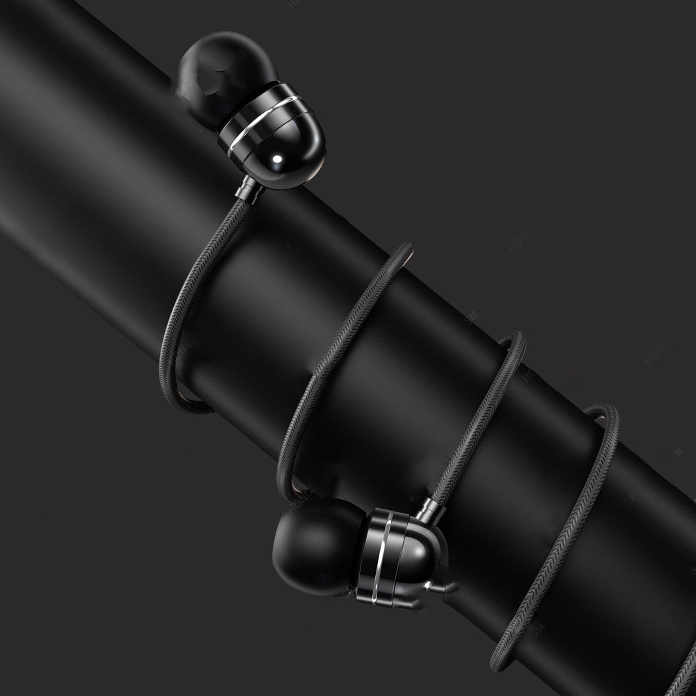 Wired headphones with microphone wrapped around a black rod, showcasing sleek design and durable cable.