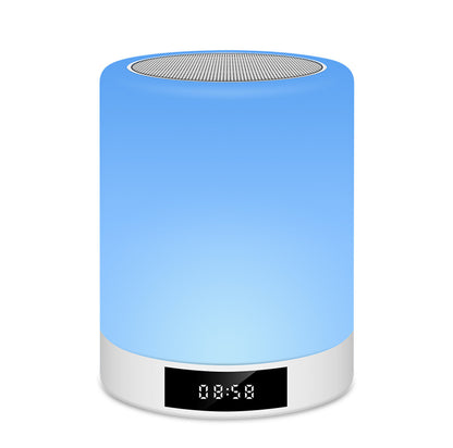 Portable bluetooth speaker with a sleek blue design and digital clock display, ideal for modern lifestyles.