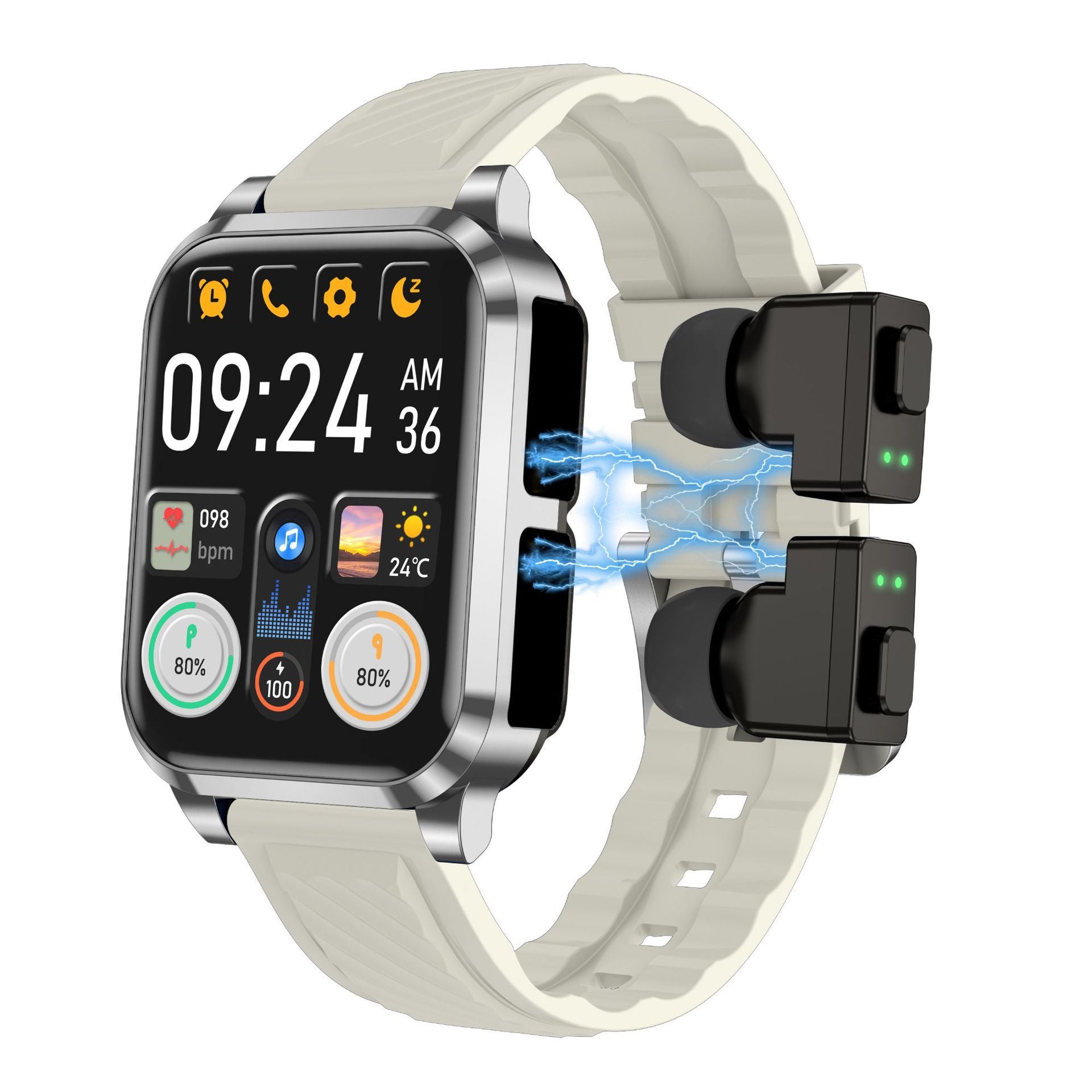 Smart Bluetooth Earbuds and Smartwatch with a sleek design showing time and health metrics.