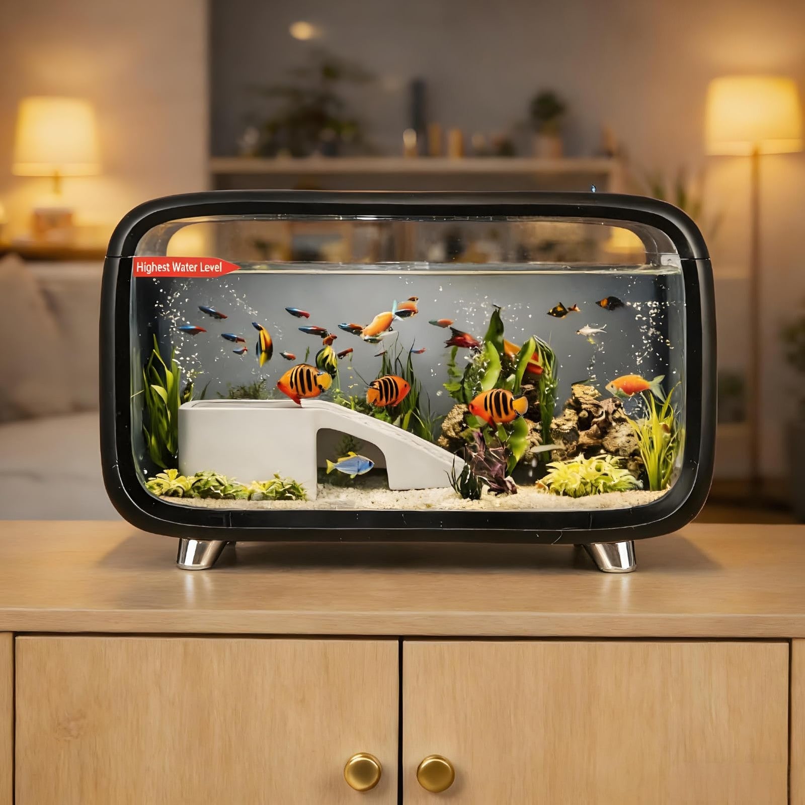 Compact Betta Fish Tank Kit showcasing vibrant fish and aquatic plants in a stylish and modern design.