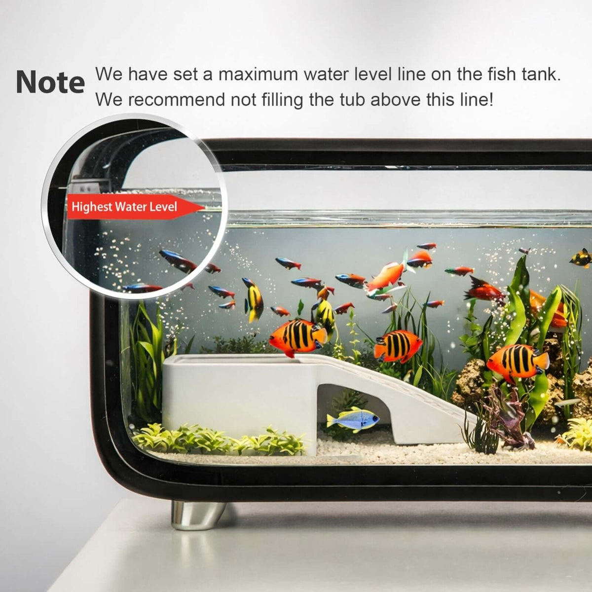Compact betta fish tank kit showing the highest water level indicator and colorful fish in a stylish aquarium.