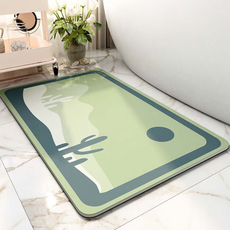 Tech velvet bathroom door mat with a stylish green landscape design, perfect for enhancing home interiors.