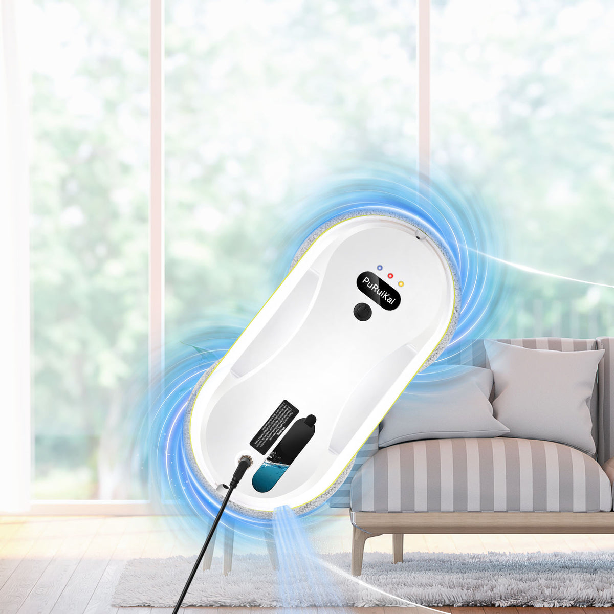 window cleaning robot in action, cleaning glass surface effortlessly, modern design and technology