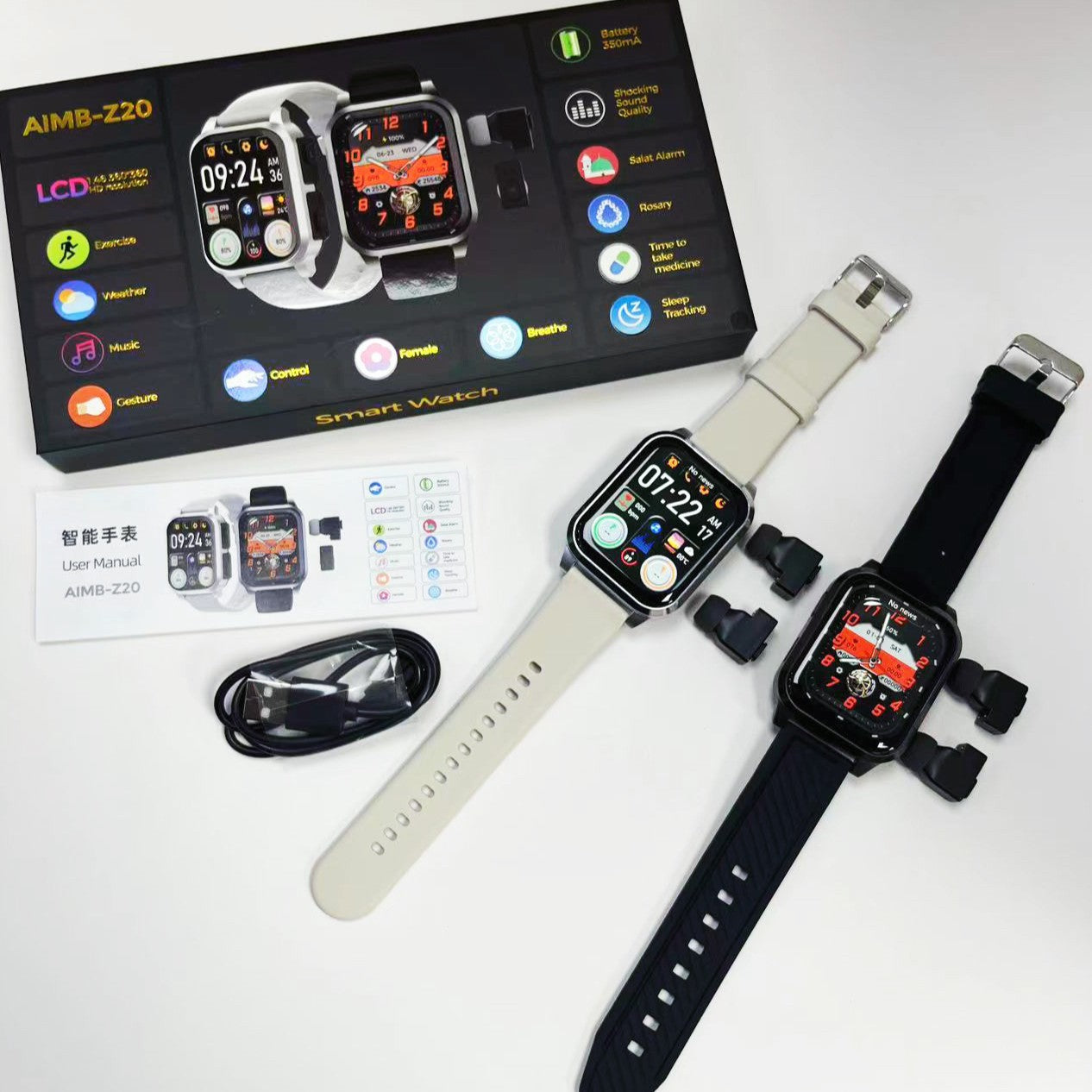 Smart bluetooth earbuds and smartwatch displayed with features and packaging.