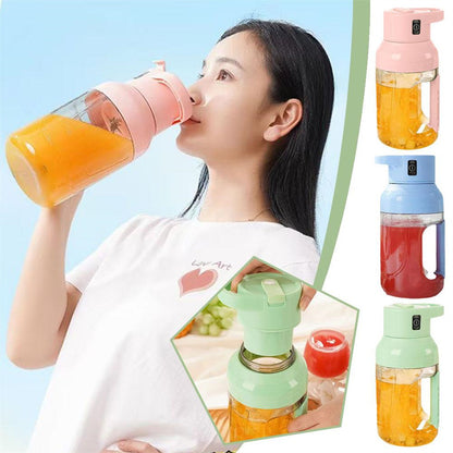 Woman enjoying fresh juice with a portable blender in pastel colors, showcasing its user-friendly design and capacity.