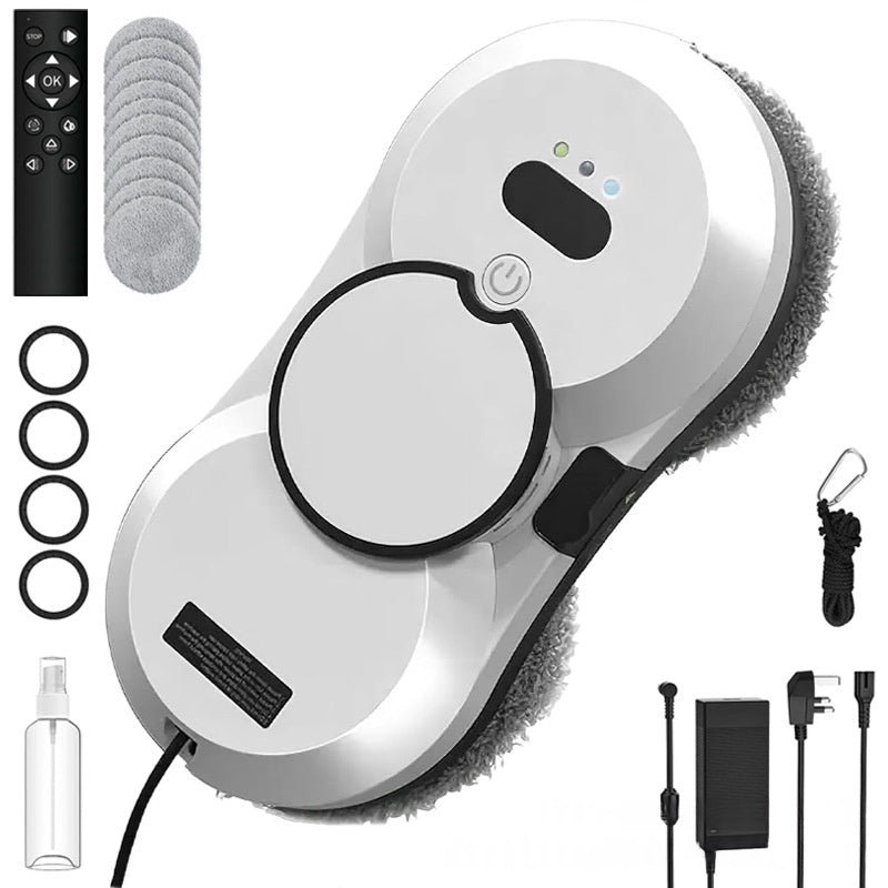 electric window cleaning robot with remote control, cleaning pads, and accessories for effortless window cleaning
