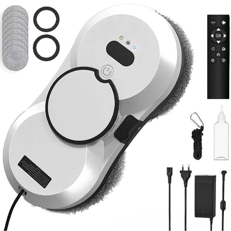 Electric window cleaning robot with accessories, including remote control and cleaning pads.